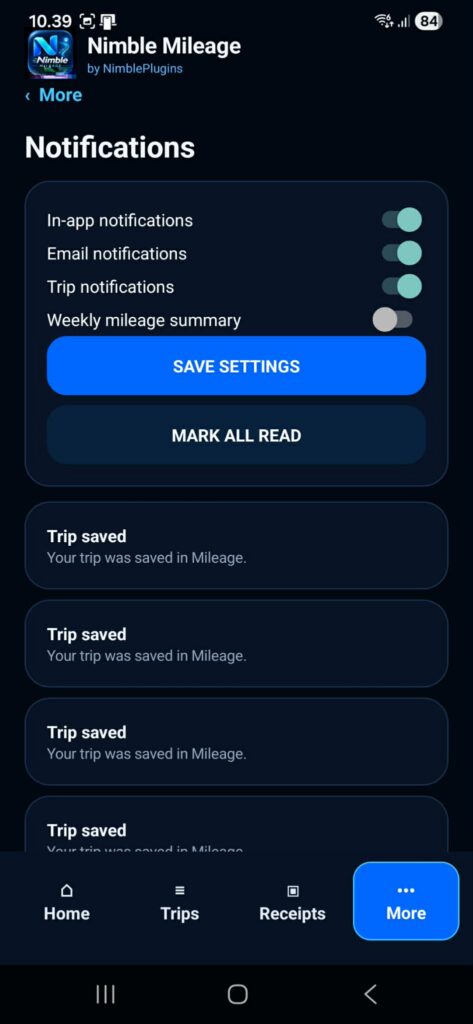 Notification settings in Nimble Mileage