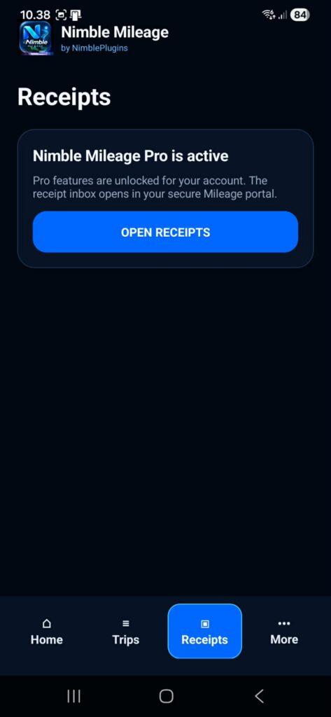 Receipts screen with Pro active