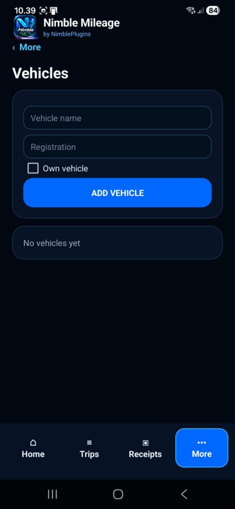 Vehicles screen in Nimble Mileage