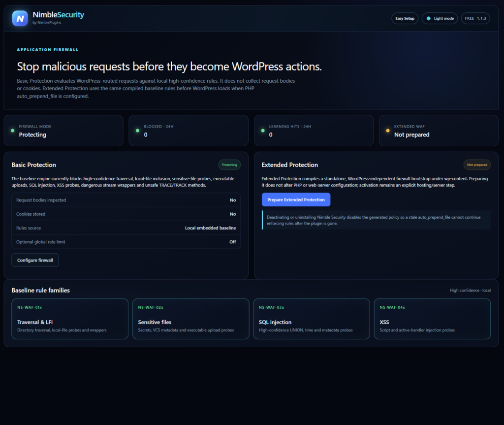 Nimble Security &mdash; Protect mode, rule activity and Extended Protection status