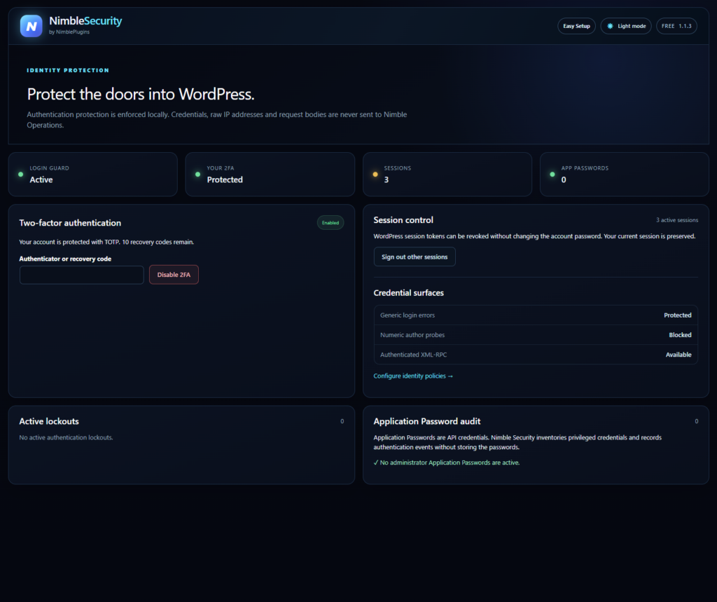 Nimble Security &mdash; two-factor enrolment, lockouts, sessions and application passwords