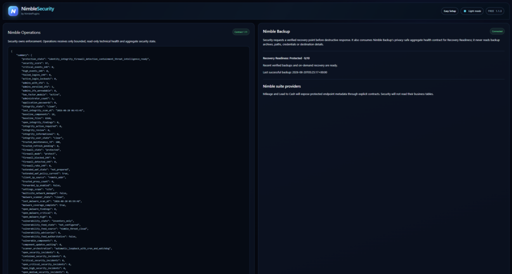 Nimble Security integrations screen showing the Operations health contract and Nimble Backup recovery readiness