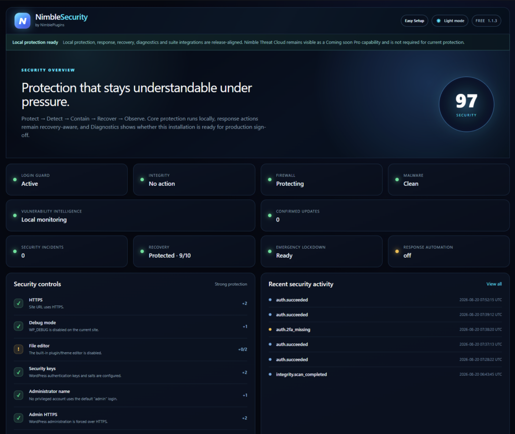 Nimble Security &mdash; Security Score and posture breakdown