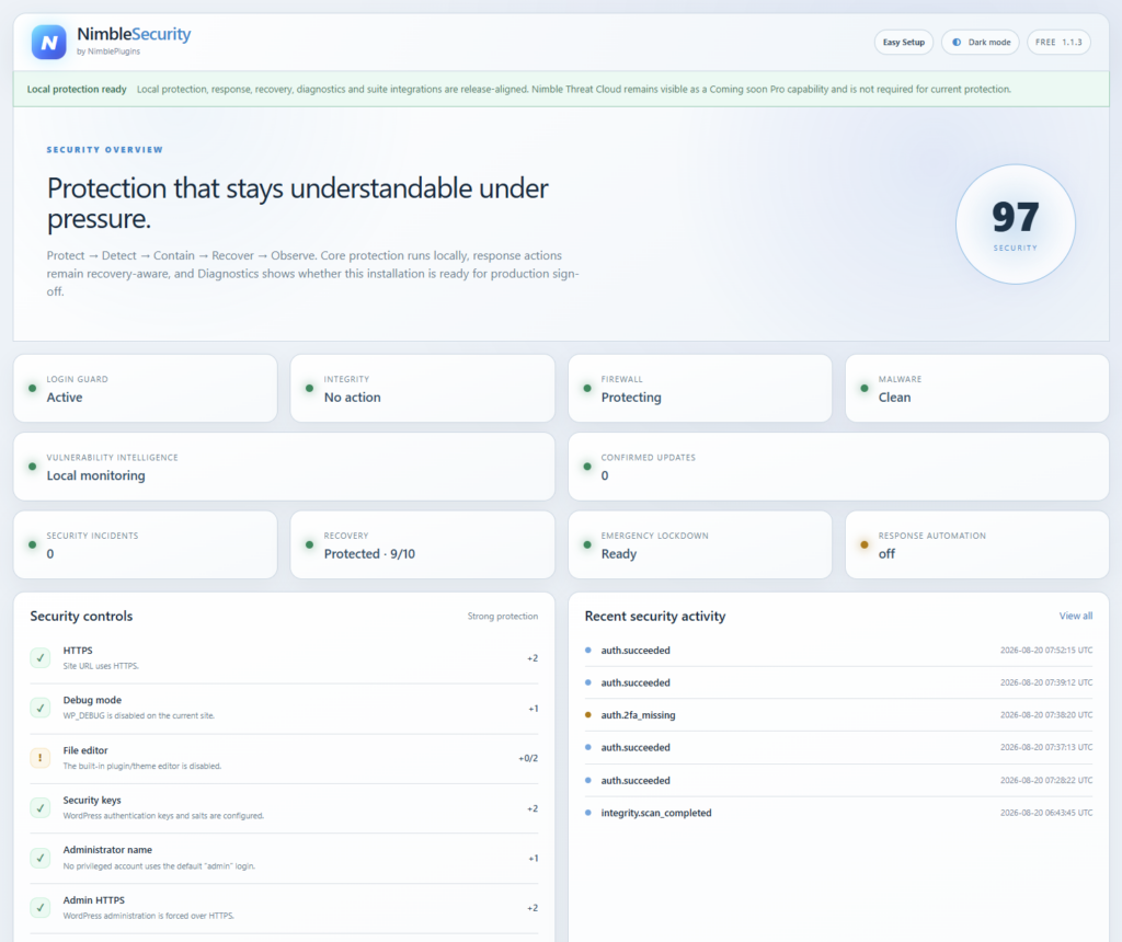 Nimble Security &mdash; the overview rendered in light mode, per user