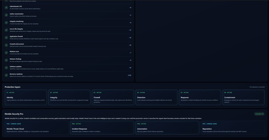 Nimble Security — Pro overview card with incident response and automation active