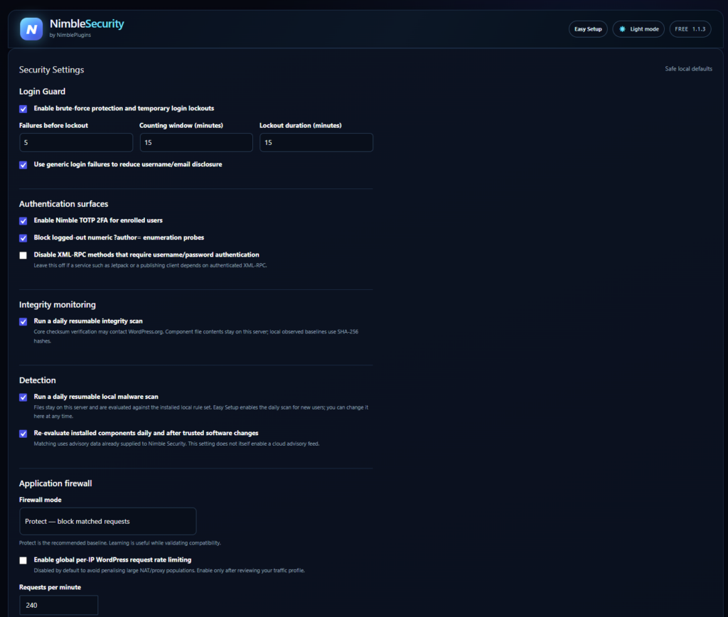 Nimble Security &mdash; retention, protection and scan options