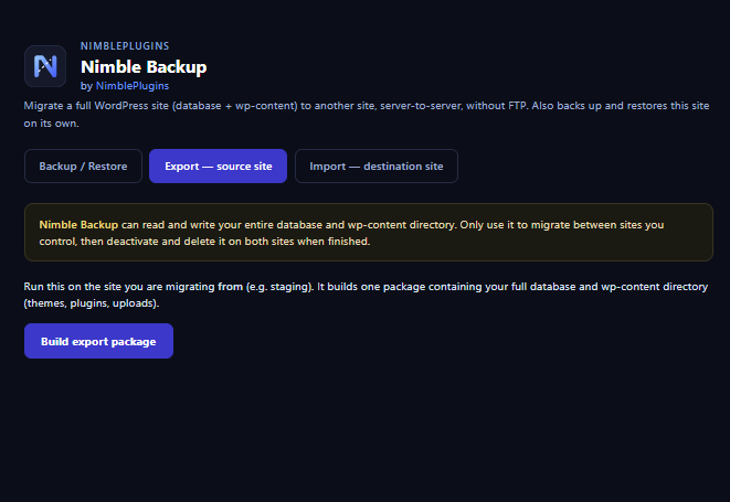 Nimble Backup export tab on the source site, building a full migration package