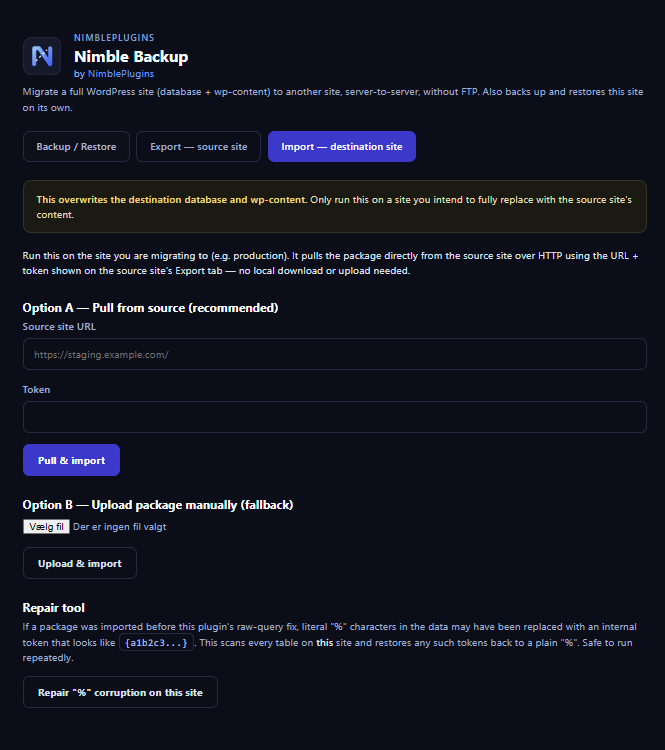 Nimble Backup import tab on the destination site, pulling the package from the source