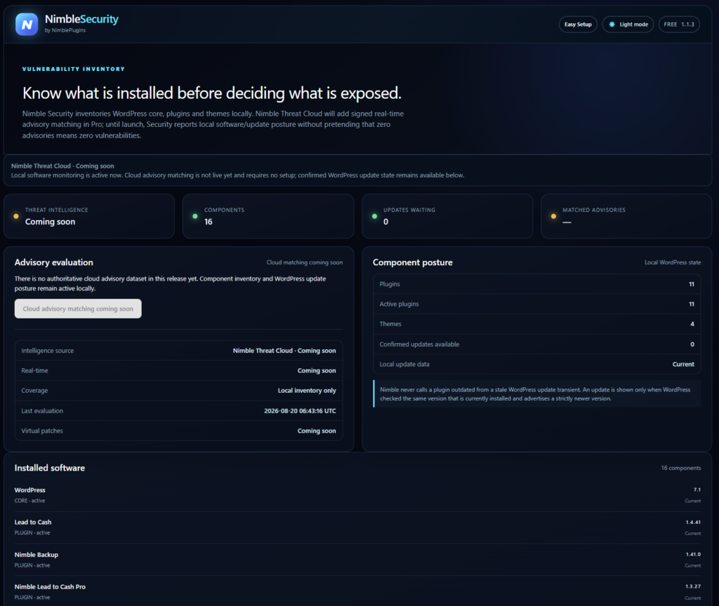 Nimble Security &mdash; the installed software inventory and advisory state