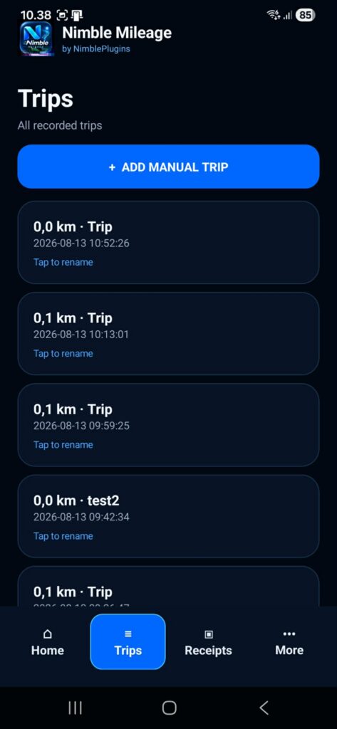 Trip list in Nimble Mileage