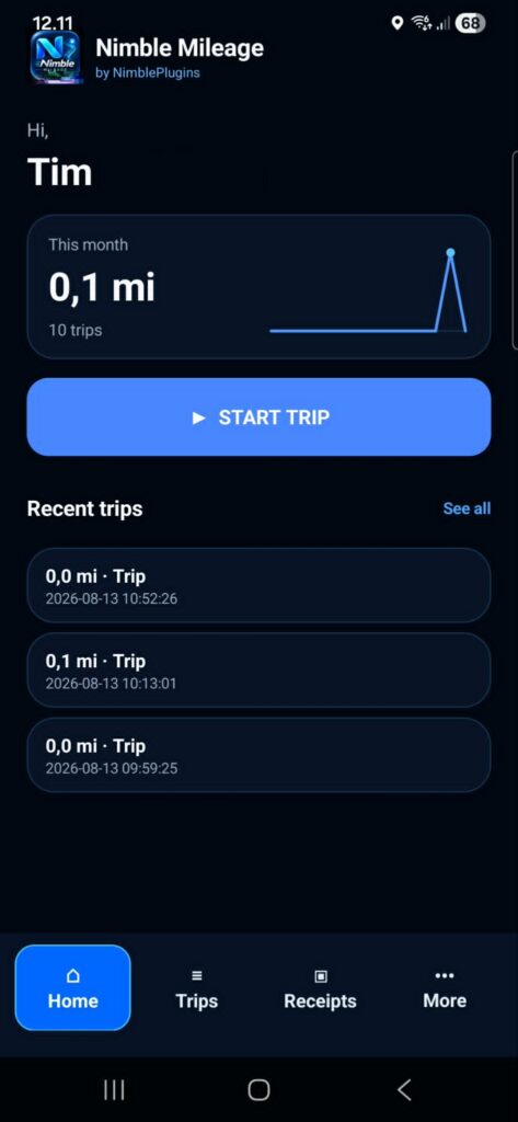 Home screen in Nimble Mileage