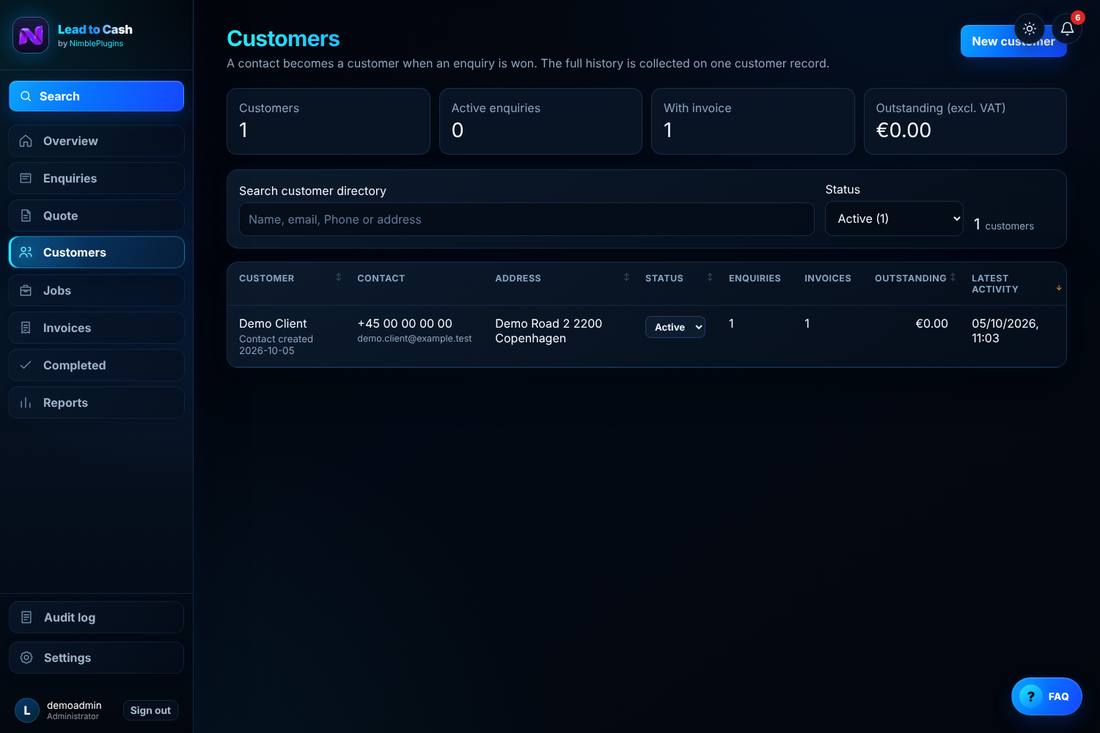 The Lead to Cash customer list showing one customer with one enquiry and one invoice