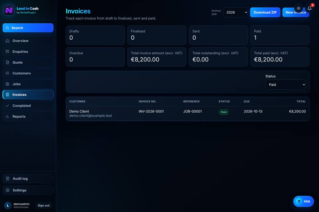 The Lead to Cash invoice list, filtered to paid invoices, showing invoice INV-2026-0001 for job JOB-00001
