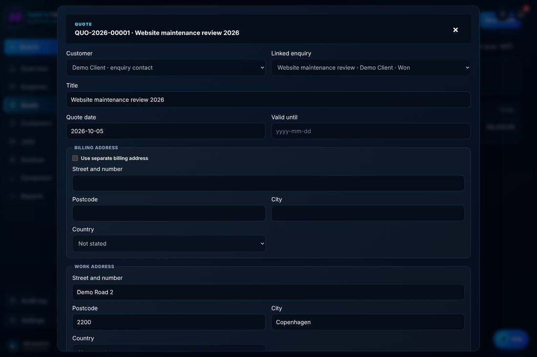 A Lead to Cash quote, QUO-2026-00001, with its linked enquiry marked Won