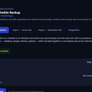 Backup and Restore: how often it runs, what it covers, how many are kept, and where the off-site copy goes.