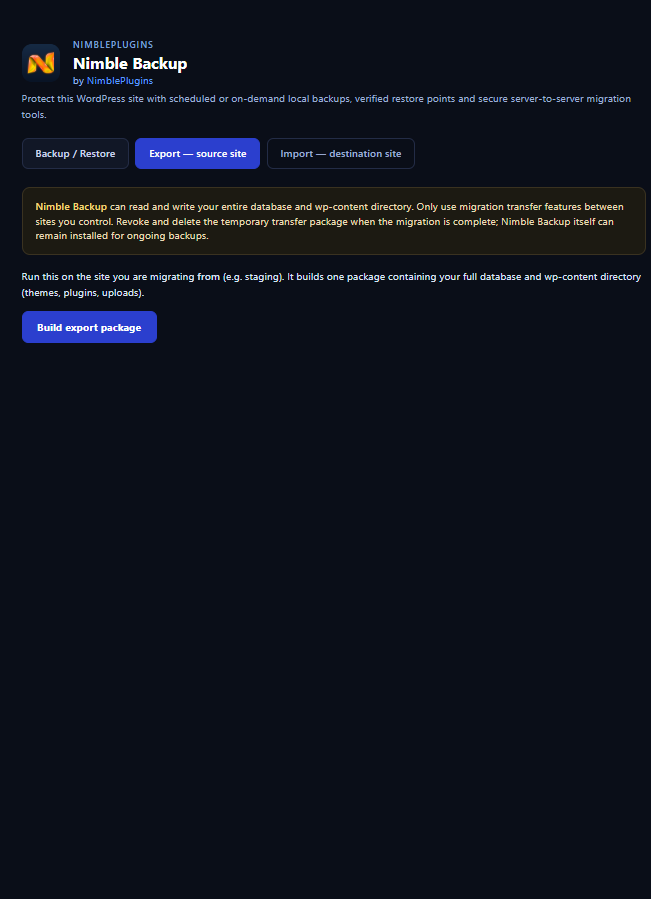 Export on the source site: one package with the full database and wp-content.