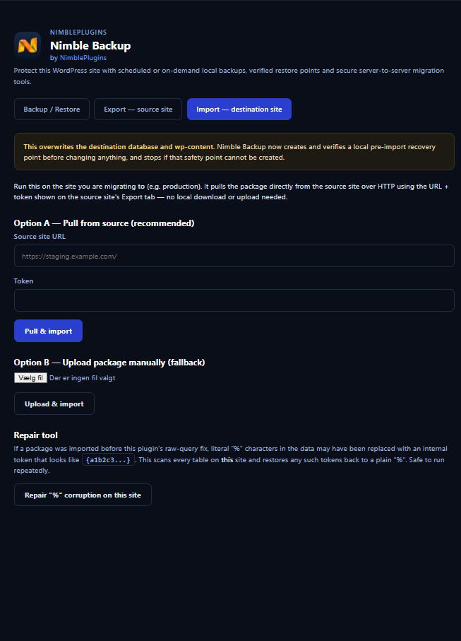 Import on the destination site: the package is pulled directly from the source over HTTP.