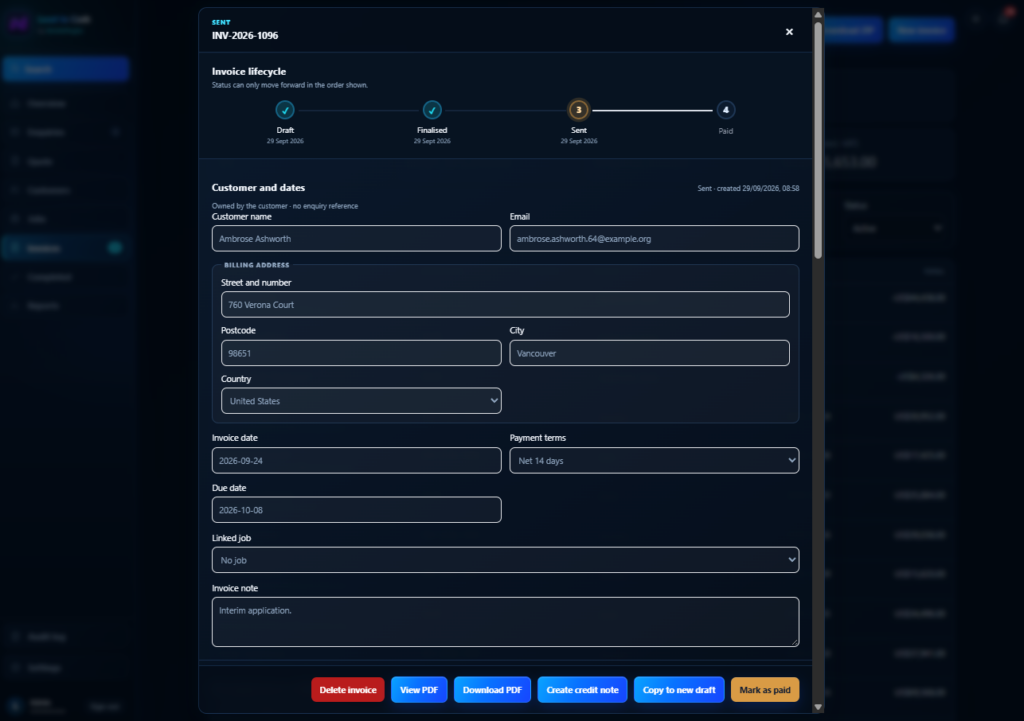 An invoice with its lifecycle, payment terms and the actions it allows.