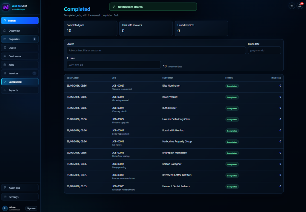 Completed jobs, newest first, with the invoices linked to them.