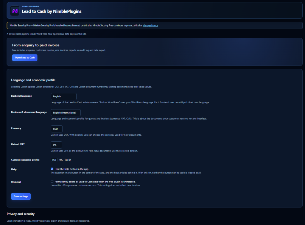 Plugin settings in wp-admin: language, currency, VAT and what happens on uninstall.