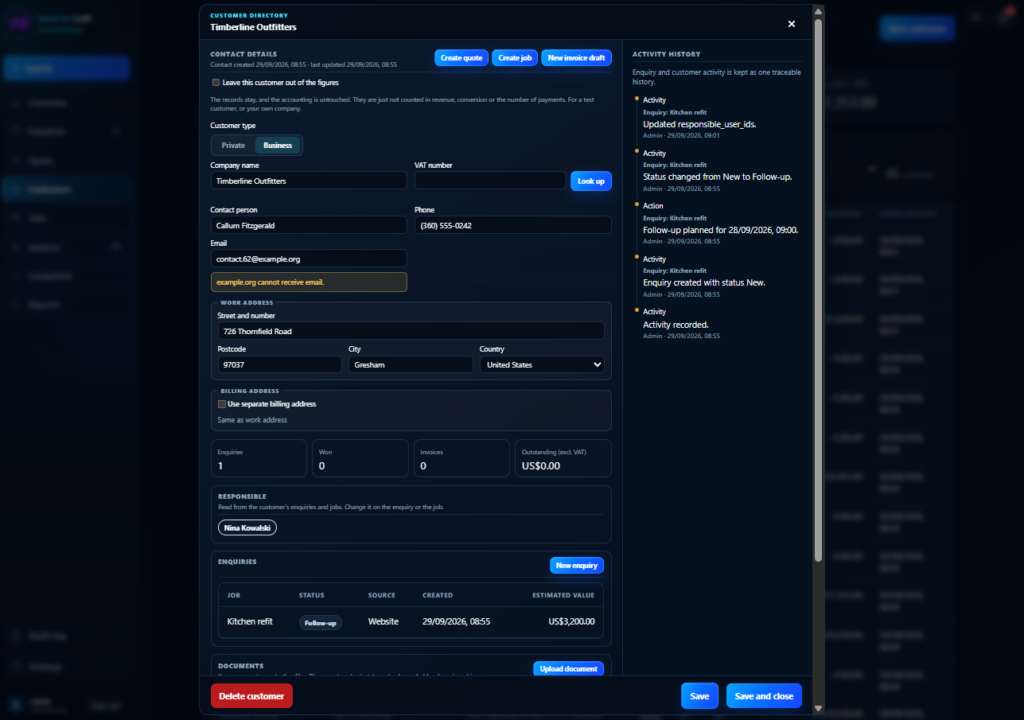 A customer record: details, figures, enquiries and documents, with the activity history beside it.