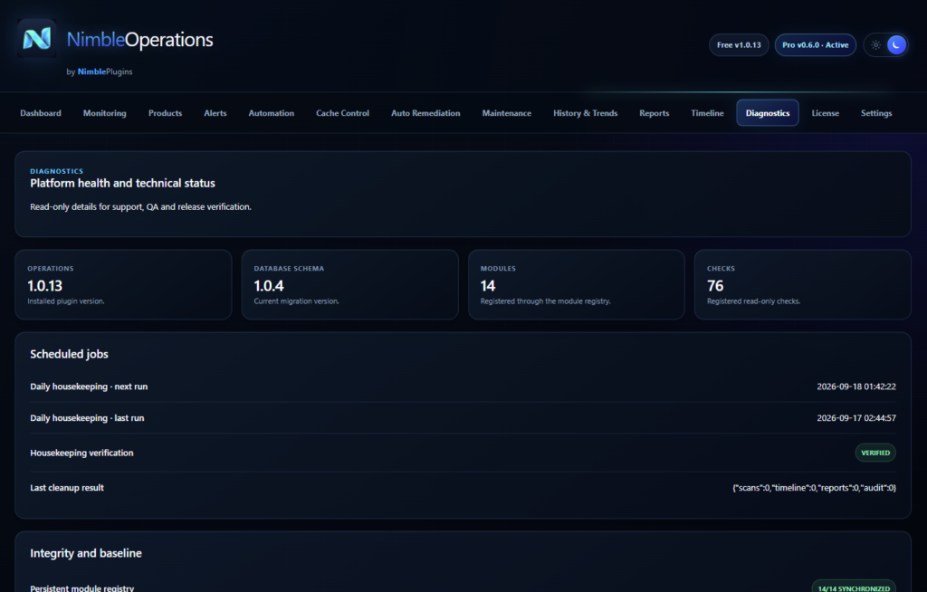 Technical diagnostics for the runtime, database and storage boundaries.