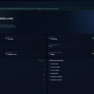 Overview: Security Score, open incidents and the state of every protection engine on one screen.