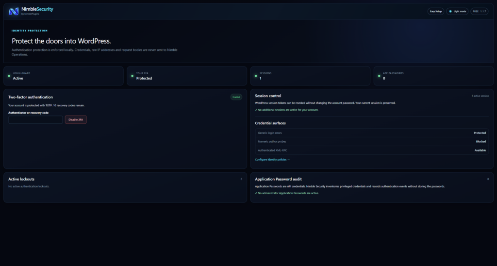 Identity Protection: brute-force lockouts, two-factor enrolment, sessions and Application Passwords. Credentials and raw IP addresses never leave the site.