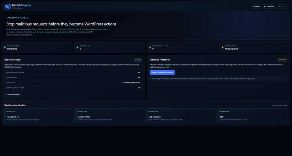 The firewall evaluates requests against local high-confidence rules, in Protect, Learning or Off mode.