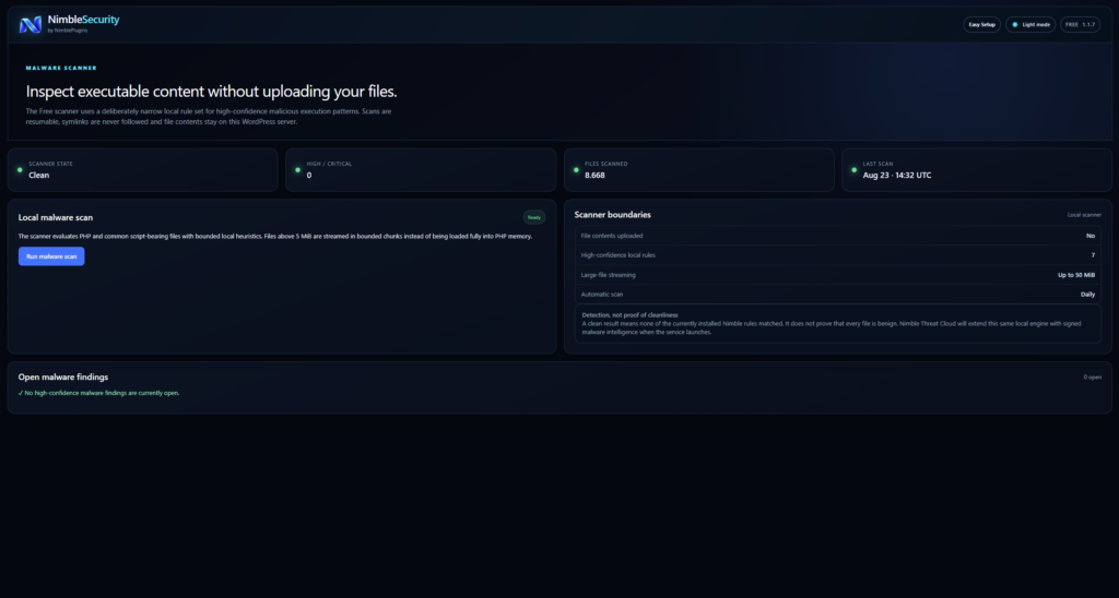 The malware scanner reads files locally and resumes after a timeout. File contents never leave the server.